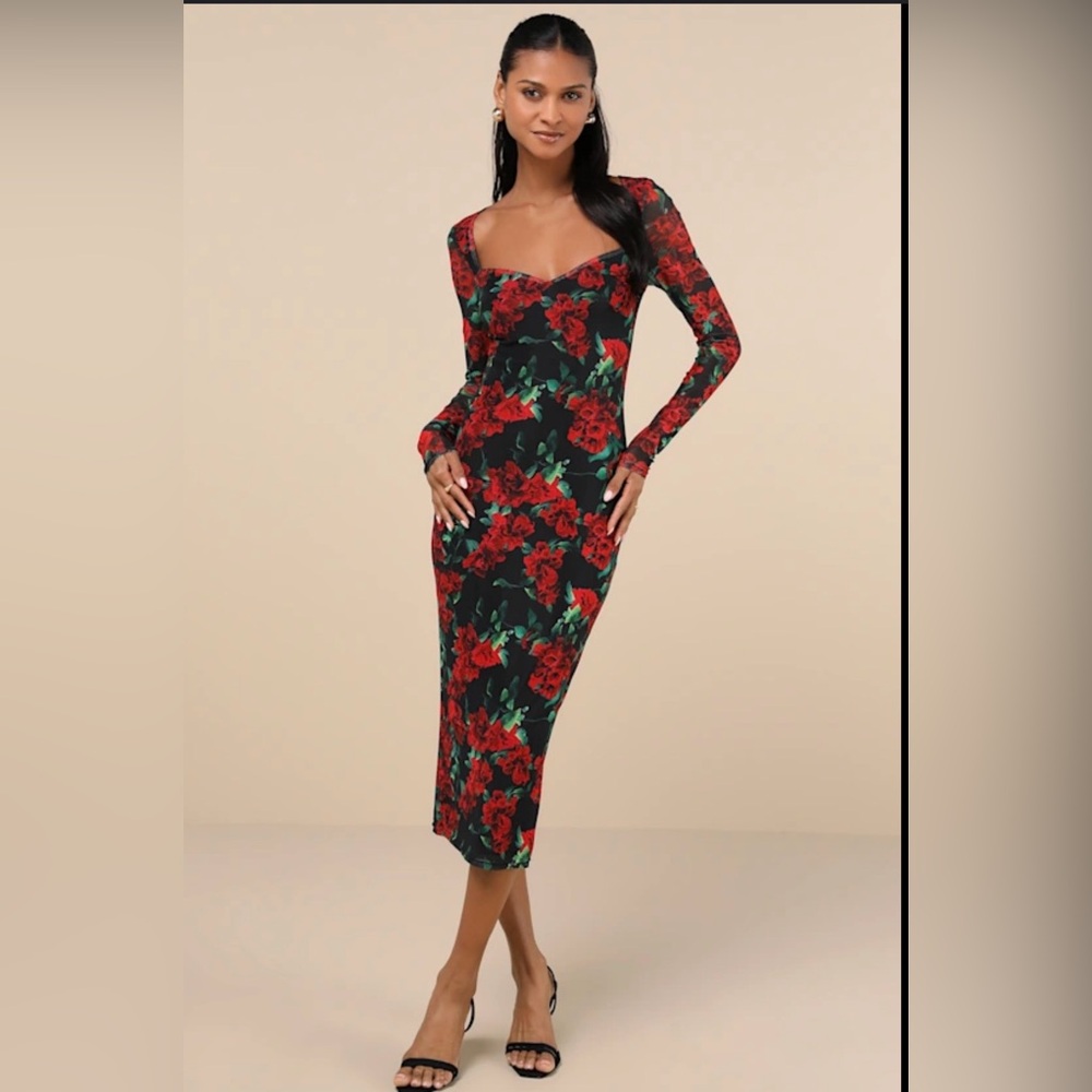 Lulu's Red Floral Long Sleeve Dress